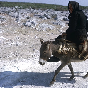 Woman riding a donkey along a country lane, Yugoslavia