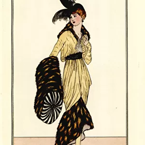 Woman in topaz satin dress trimmed with leopard fur, 1913
