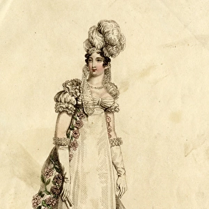 Woman in a white dress trimmed with flowers