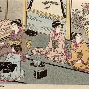 Five women in an indoor domestic scene by Katsukawa Shuncho