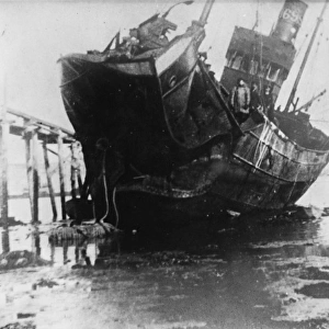 Wrecked boat hit by a mine