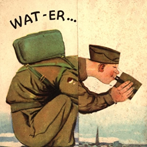WW2 birthday card, soldier drinking water