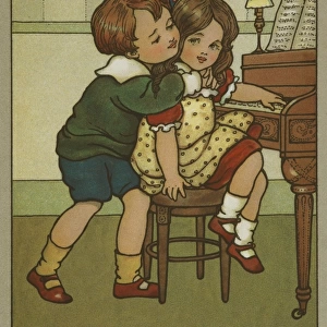 Young boy hugs a girl at the piano by Florence Hardy