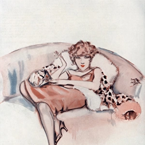 A young flapper woman reclining on a snow leopard pelt
