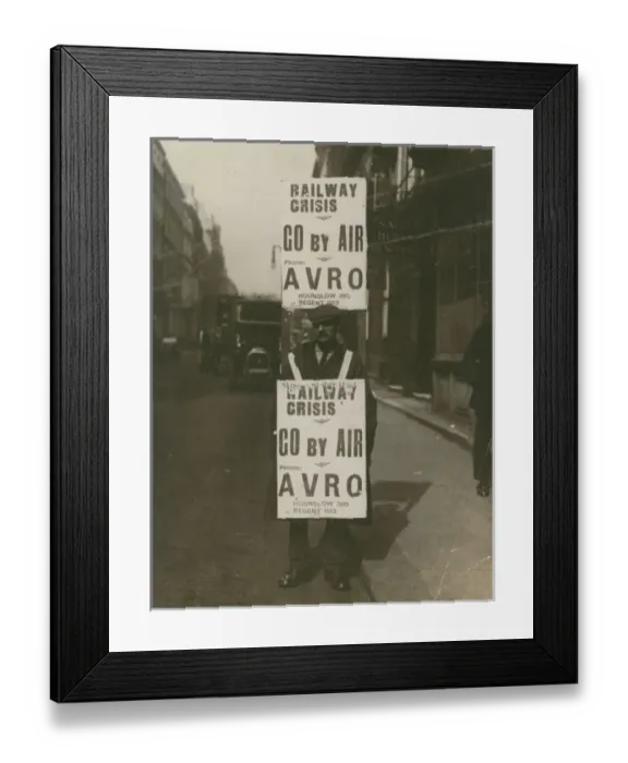 Framed Print : Railway crisis, go by air Phone Avro Sandwich board man Framed Print : Railway crisis, go by air Phone Avro Sandwich board man