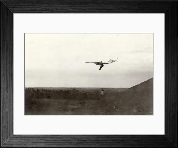 Framed Print : Lilienthal gliding from an artificial hill Framed Print : Lilienthal gliding from an artificial hill