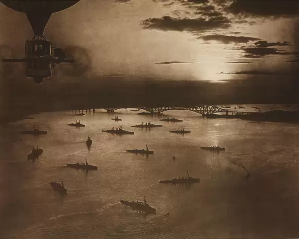 Naval fleet alongside the Forth railway bridge