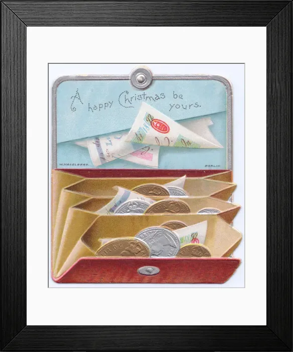 Framed Print : Purse full of money on a cutout Christmas card Framed Print : Purse full of money on a cutout Christmas card