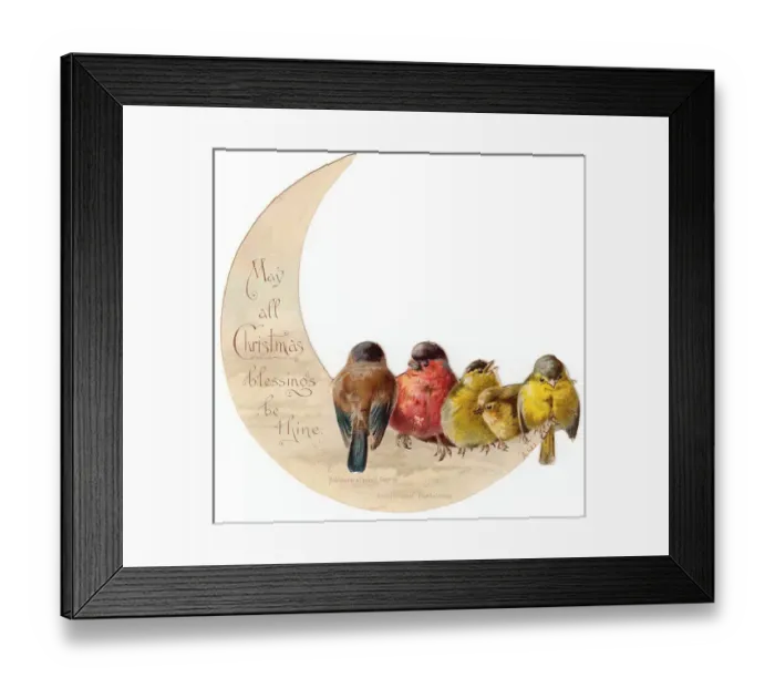 Framed Print : Birds perched on crescent moon on a Christmas card Framed Print : Birds perched on crescent moon on a Christmas card