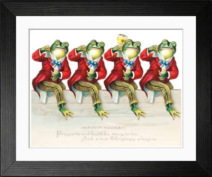 Framed Print : Four frogs in red tailcoats on a cutout Christmas card Framed Print : Four frogs in red tailcoats on a cutout Christmas card