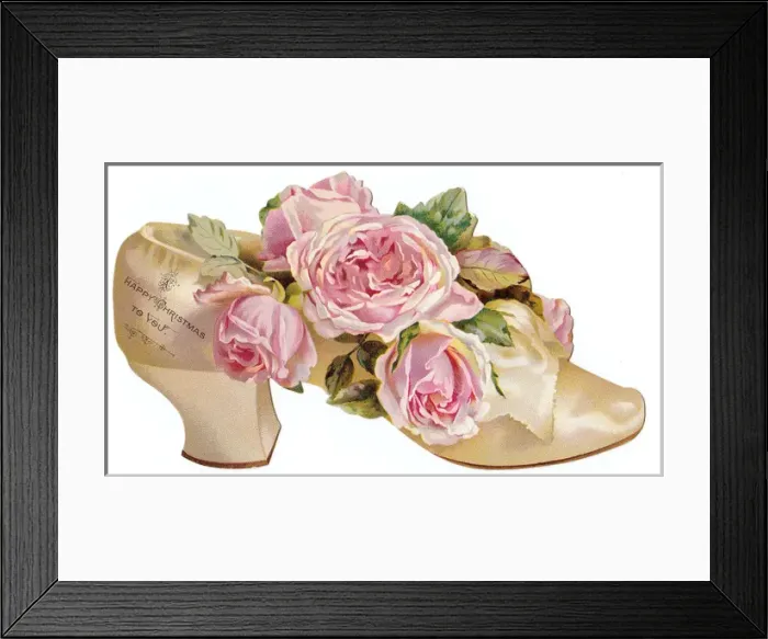 Framed Print : Pink roses in a shoe-shaped Christmas card Framed Print : Pink roses in a shoe-shaped Christmas card