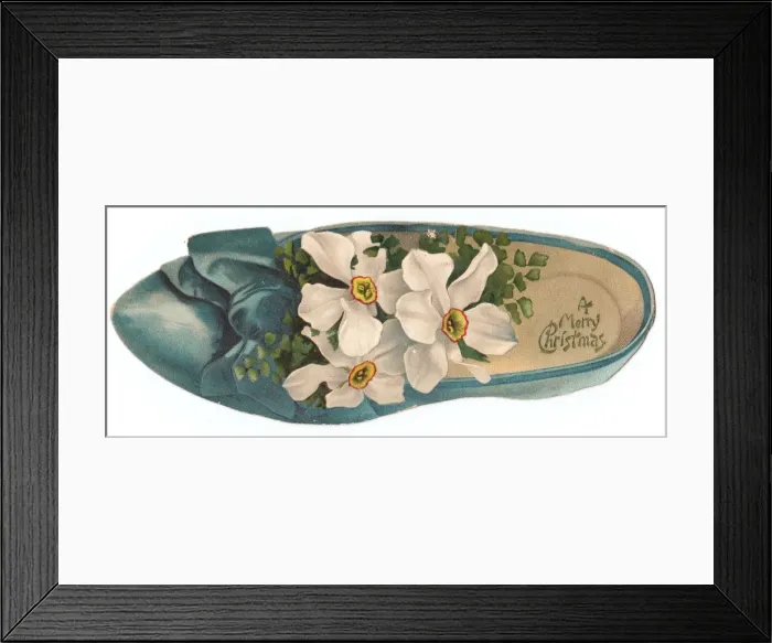 Framed Print : White flowers in a shoe-shaped Christmas card Framed Print : White flowers in a shoe-shaped Christmas card