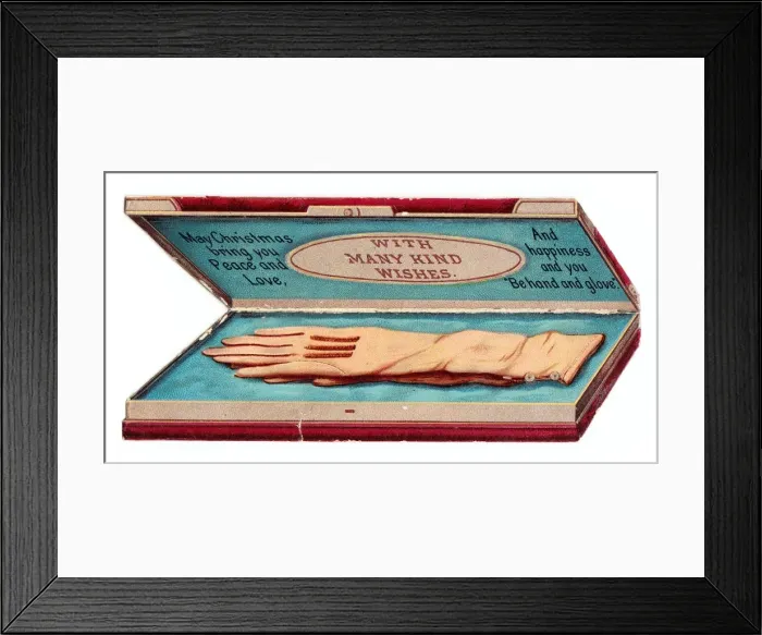 Framed Print : Glove box with greeting on a Victorian Christmas card Framed Print : Glove box with greeting on a Victorian Christmas card