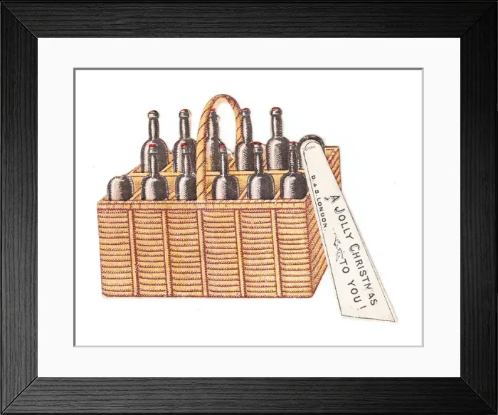 Framed Print : Christmas card in the shape of a basket of wine bottles Framed Print : Christmas card in the shape of a basket of wine bottles