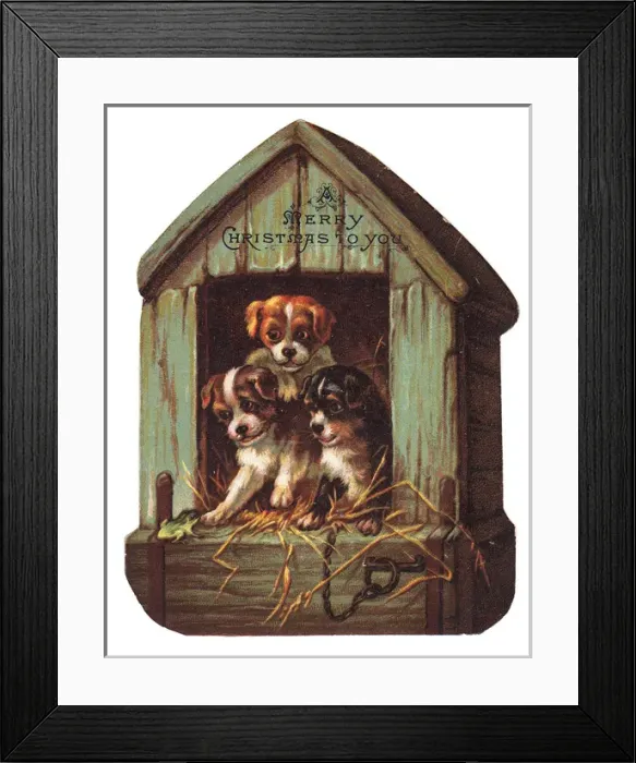 Framed Print : Three puppies on a kennel-shaped Christmas card Framed Print : Three puppies on a kennel-shaped Christmas card