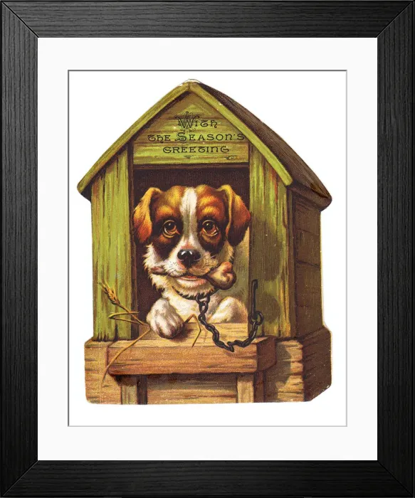 Framed Print : Dog with a bone on a kennel-shaped Christmas card Framed Print : Dog with a bone on a kennel-shaped Christmas card