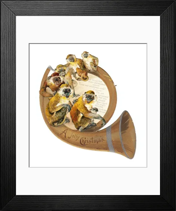 Framed Print : Six monkeys on a horn-shaped Christmas card Framed Print : Six monkeys on a horn-shaped Christmas card