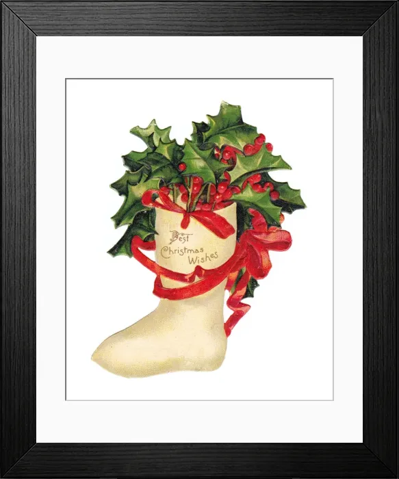 Framed Print : Holly and red ribbon on a cutout Christmas card Framed Print : Holly and red ribbon on a cutout Christmas card