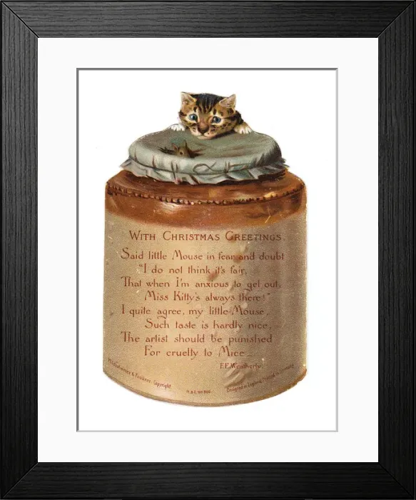 Framed Print : Cat and mouse on a pot-shaped Christmas card Framed Print : Cat and mouse on a pot-shaped Christmas card