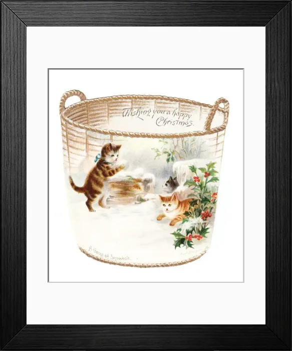 Framed Print : Three kittens snowballing on a cutout Christmas card