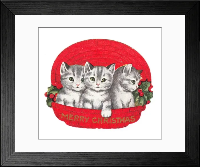 Framed Print : Three kittens in a basket on a cutout Christmas card Framed Print : Three kittens in a basket on a cutout Christmas card
