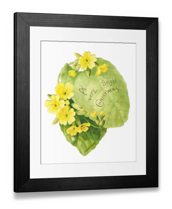 Framed Print : Christmas card in the shape of a green leaf with primroses Framed Print : Christmas card in the shape of a green leaf with primroses