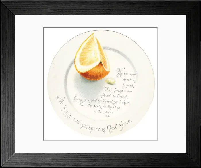 Framed Print : Orange segment on a plate-shaped New Year card Framed Print : Orange segment on a plate-shaped New Year card