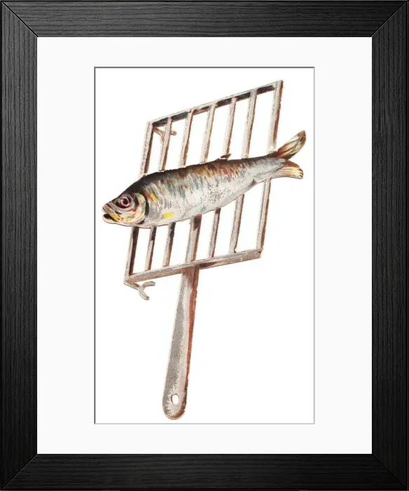 Framed Print : Greetings card in the shape of a fish on a griddle Framed Print : Greetings card in the shape of a fish on a griddle