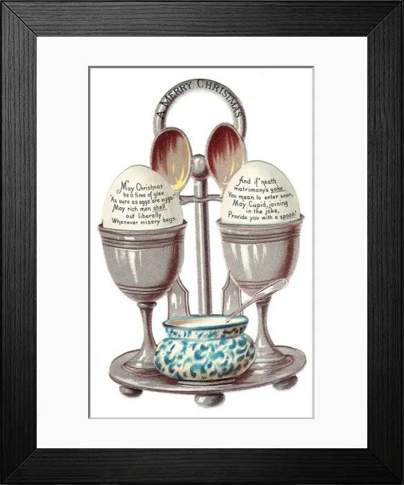 Framed Print : Eggcup stand with two eggs on a cutout Christmas card Framed Print : Eggcup stand with two eggs on a cutout Christmas card