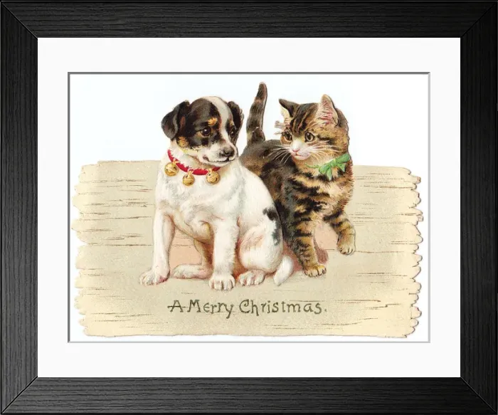 Framed Print : Kitten and puppy on a cutout Christmas card Framed Print : Kitten and puppy on a cutout Christmas card