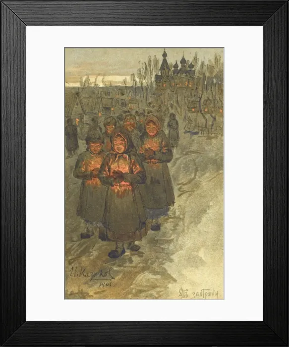 Framed Print : Villagers with candles return from Matins service Framed Print : Villagers with candles return from Matins service