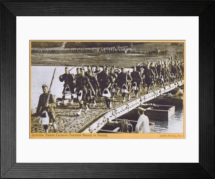 Framed Print : Scottish troops cross a pontoon bridge in France - WWI Framed Print : Scottish troops cross a pontoon bridge in France - WWI