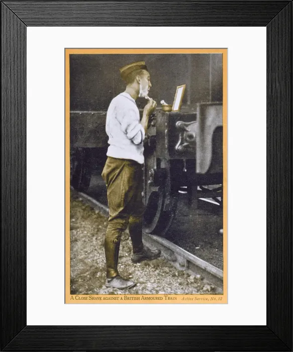Framed Print : British Tommy shaves against armoured train - WWI Framed Print : British Tommy shaves against armoured train - WWI