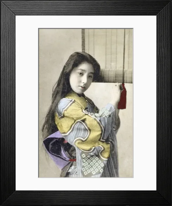 Framed Print : Pretty Japanese girl and roll blind Framed Print : Pretty Japanese girl and roll blind