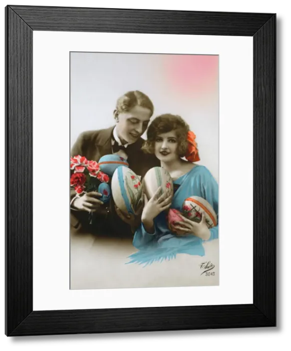 Framed Print : French couple with painted Easter Eggs Framed Print : French couple with painted Easter Eggs
