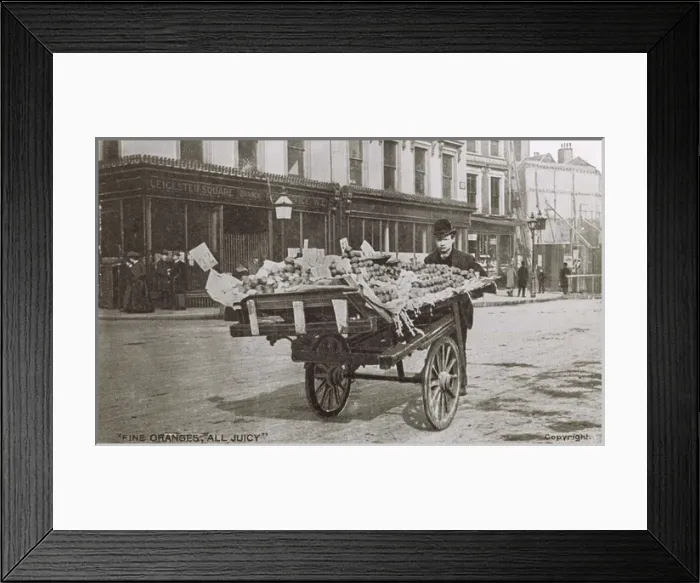 Framed Print : Orange Seller with his barrow - Leicester Square, London Framed Print : Orange Seller with his barrow - Leicester Square, London