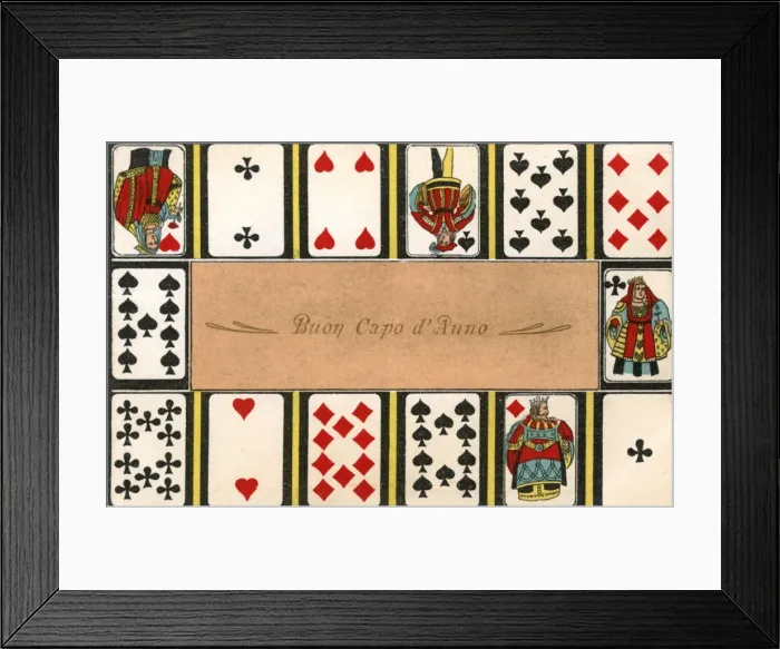 Framed Print : Swiss New Years card featuring a variety of playing cards Framed Print : Swiss New Years card featuring a variety of playing cards
