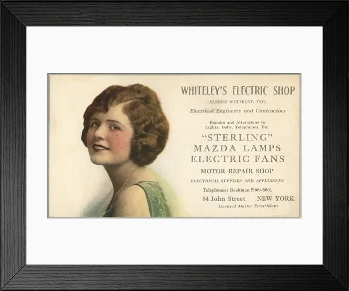 Framed Print : Advertising Card for Whiteleys Electric Shop Framed Print : Advertising Card for Whiteleys Electric Shop