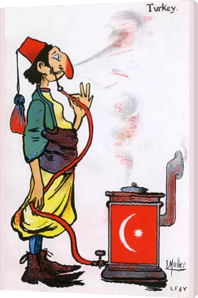 Turkish Archytype smoking a pipe conected to a stove