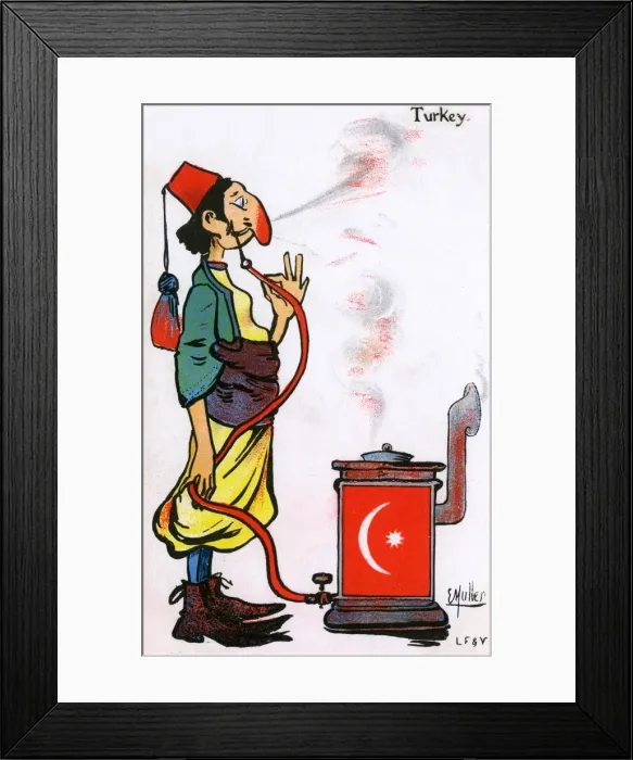 Framed Print : Turkish Archytype smoking a pipe conected to a stove