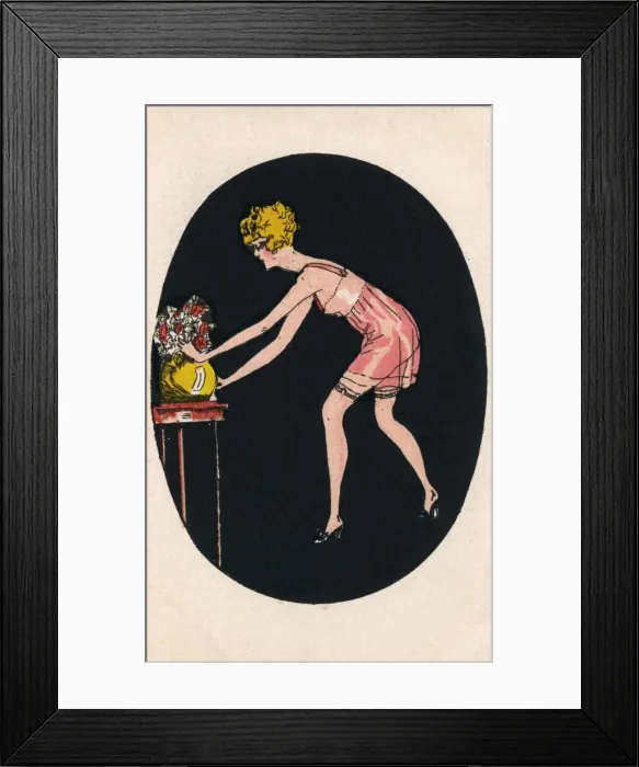 Framed Print : French girls adjusts a vase of blooms Framed Print : French girls adjusts a vase of blooms