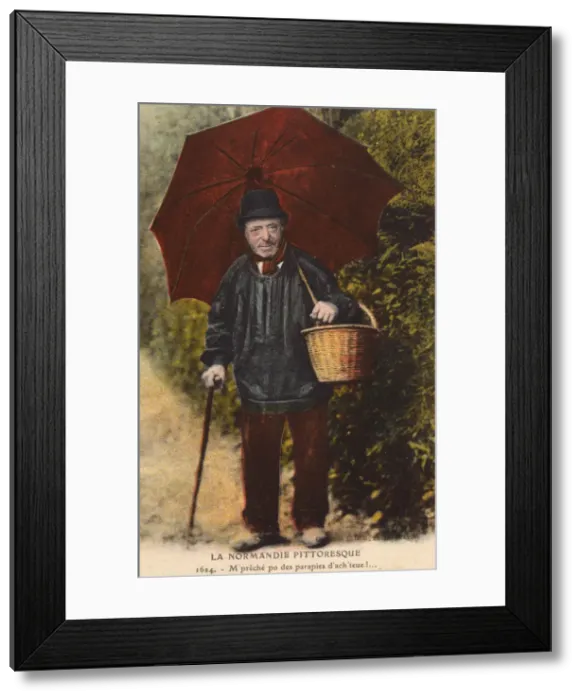 Framed Print : French country gent with a large red umbrella Framed Print : French country gent with a large red umbrella