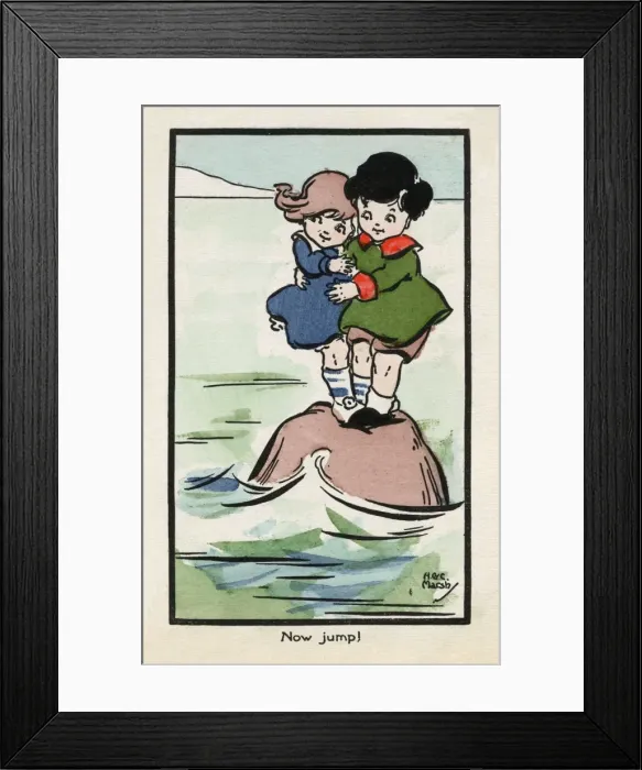 Framed Print : Two little children wait to jump off a small rock Framed Print : Two little children wait to jump off a small rock
