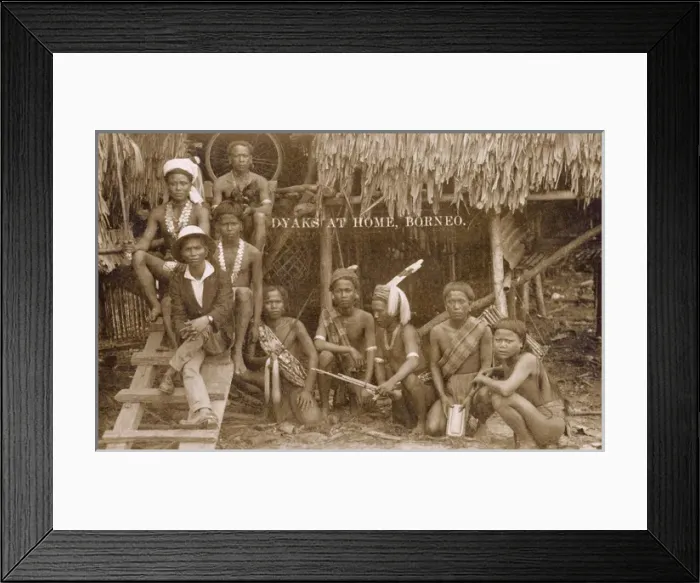 Framed Print : Dyak people outside their house, Borneo Framed Print : Dyak people outside their house, Borneo