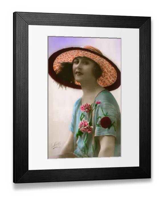 Framed Print : Pretty French girl in colourful floral dress and hat Framed Print : Pretty French girl in colourful floral dress and hat