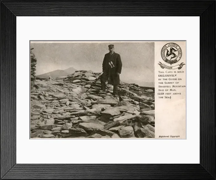 Framed Print : Guide at the summit of Snaefell Mountain, Isle of Man Framed Print : Guide at the summit of Snaefell Mountain, Isle of Man