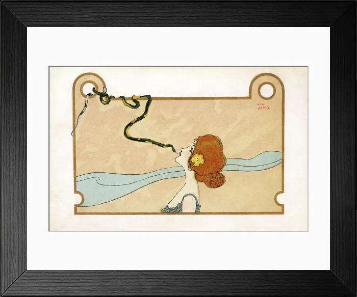 Framed Print : Art Nouveau - pretty girl kisses a green serpent Framed Print : Art Nouveau - pretty girl kisses a green serpent