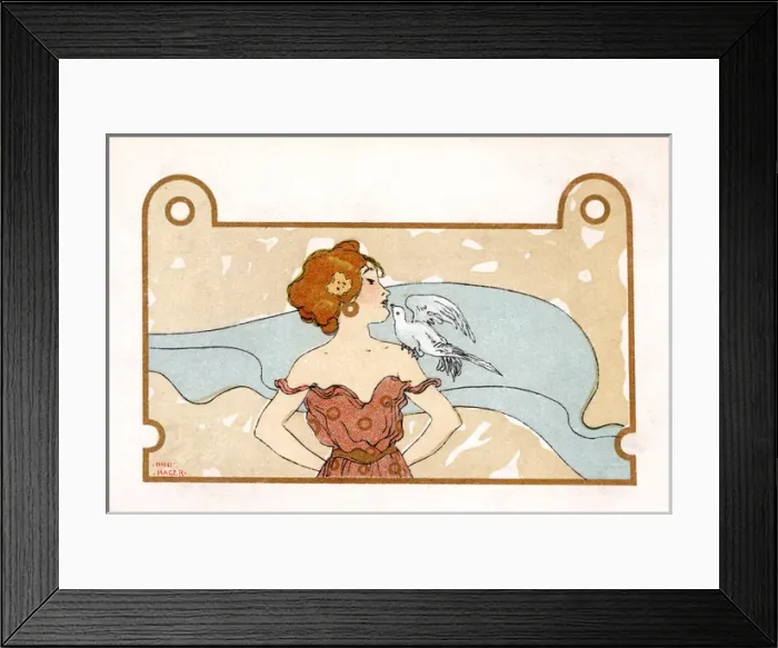 Framed Print : Art Nouveau - pretty girl kissing a white dove Framed Print : Art Nouveau - pretty girl kissing a white dove