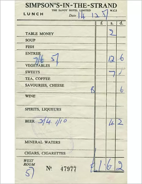 Bill for lunch at Simpson s-in-the-Strand - 1951