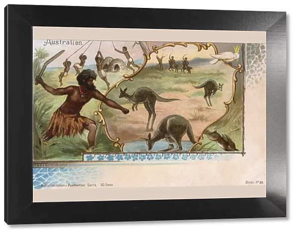 Australian Aborigines hunting Kangaroo with boomerangs
